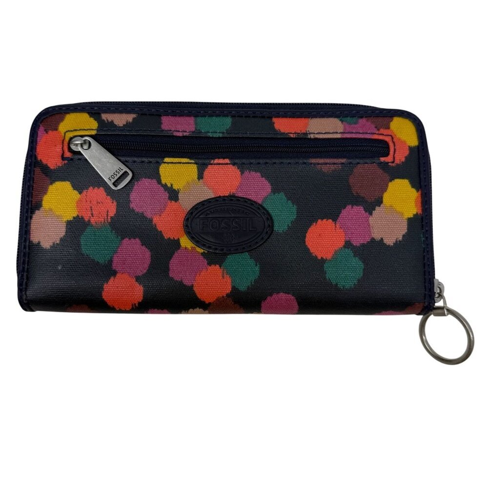Fossil Womens Zip Wallet Key Ring Multicolor Rainbow Polka Dot Confetti Canvas